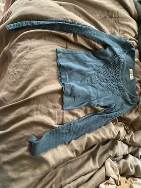 American Eagle Outfitters Teal Blue Lace-Accent Waffle Knit Long Sleeve Top